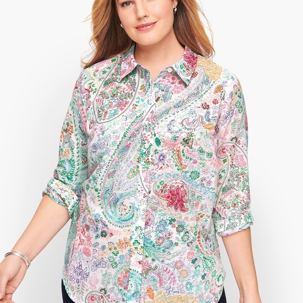 Talbots Colorful Print Shirt Button Down Collared Cotton Size X - Picture 10 of 14